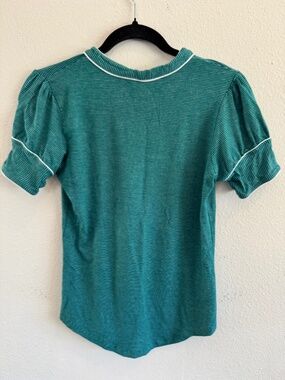 French Connection Striped Green Puff Sleeve Tee Medium